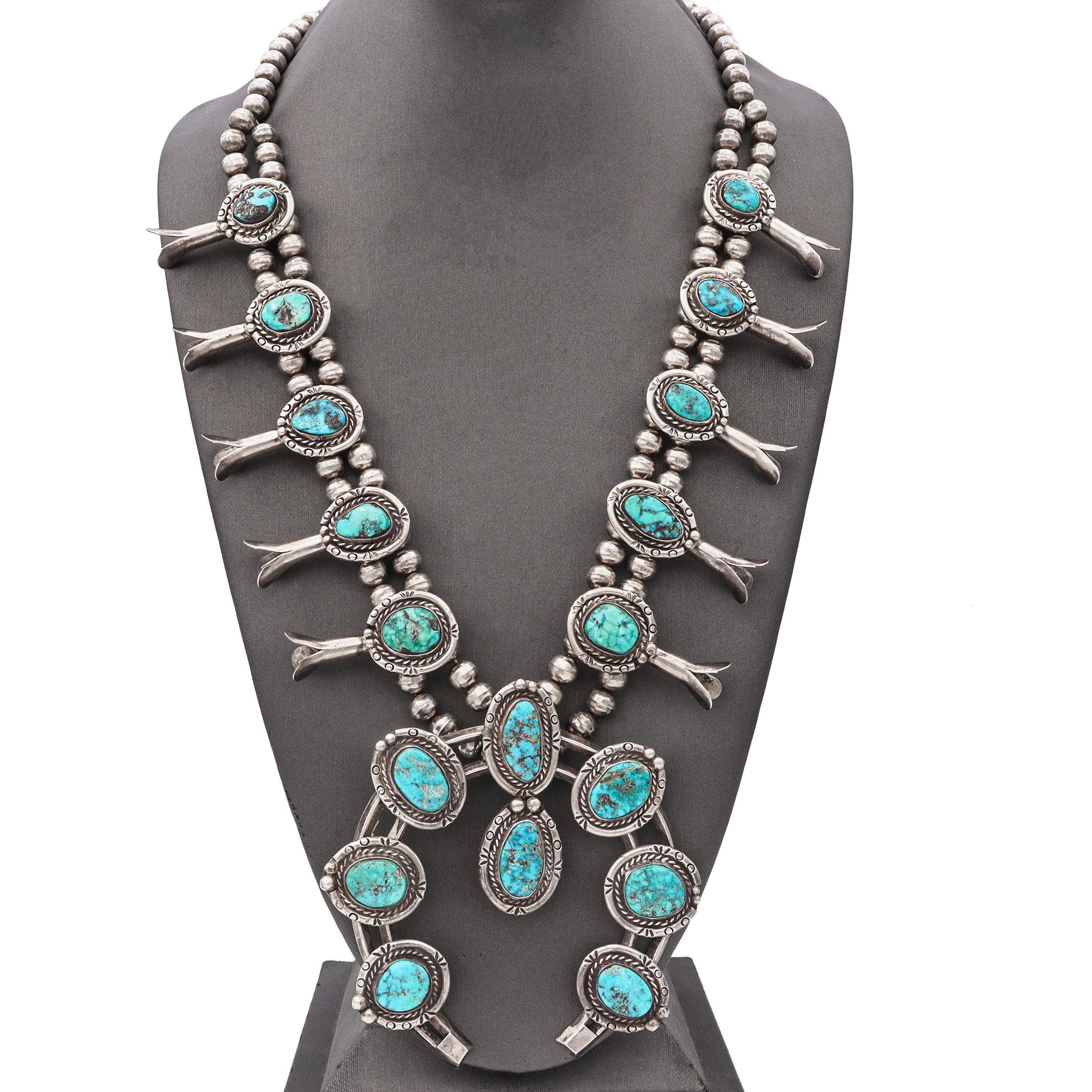 Cabochon Vintage Navajo Sterling Silver Turquoise Squash Blossom Beaded Necklace For Sale