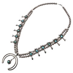 Vintage Navajo Sterling Silver Turquoise Squash Blossom Beaded Necklace