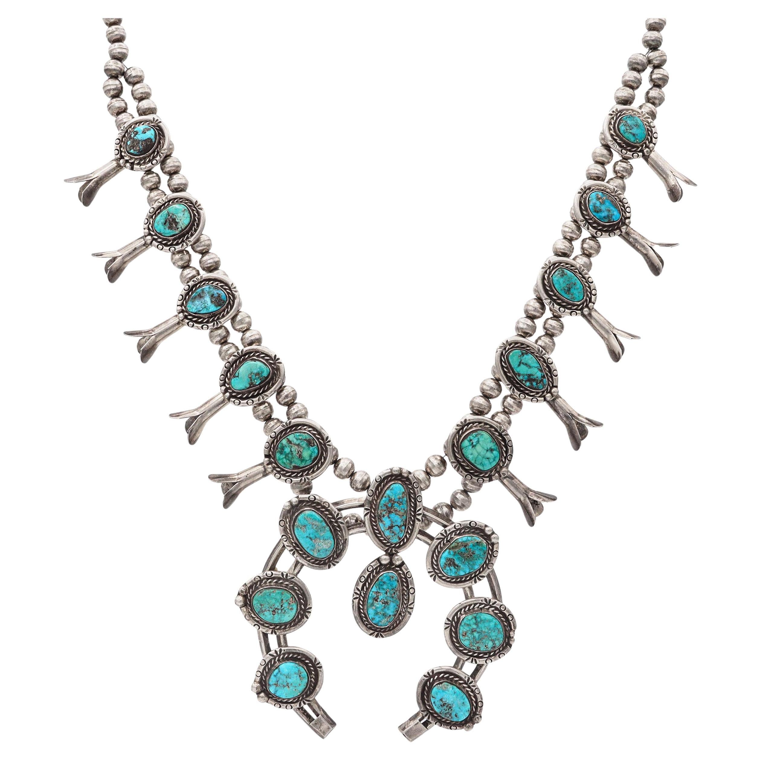 Vintage Navajo Sterling Silver Turquoise Squash Blossom Beaded Necklace For Sale