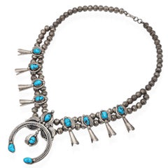 Vintage Navajo Sterling Silver Turquoise Squash Blossom Necklace
