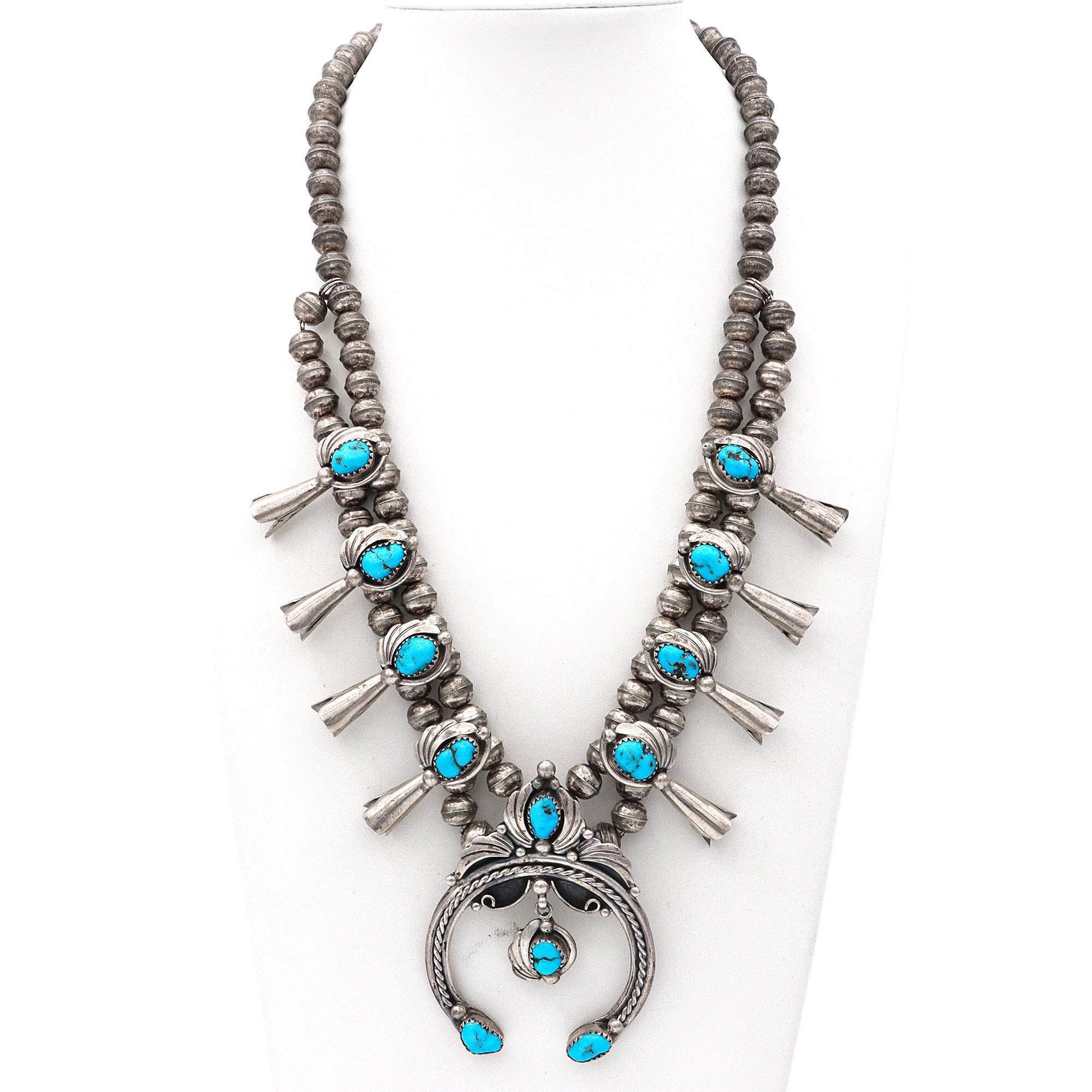 Cabochon Vintage Navajo Sterling Silver Turquoise Squash Blossom Necklace For Sale