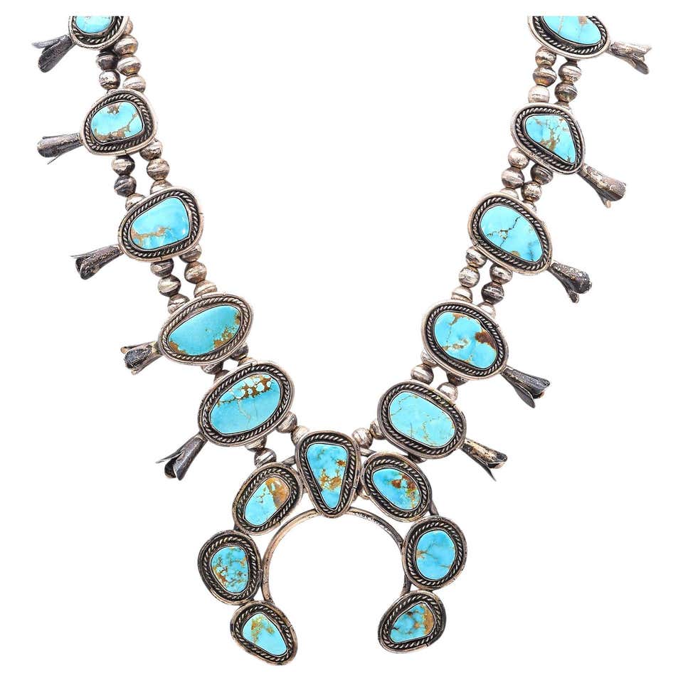 Native Turquoise Native American Turquoise Sterling Silver Squash Blossom Necklace For ...