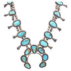 Vintage Navajo Sterling Silver Turquoise Squash Blossom Necklace