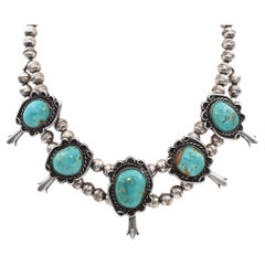 Vintage Navajo Sterling Silver Turquoise Squash Blossom Necklace
