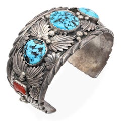 Vintage Navajo T. Billie Sterling Silver Turquoise & Red Coral Cuff Bracelet