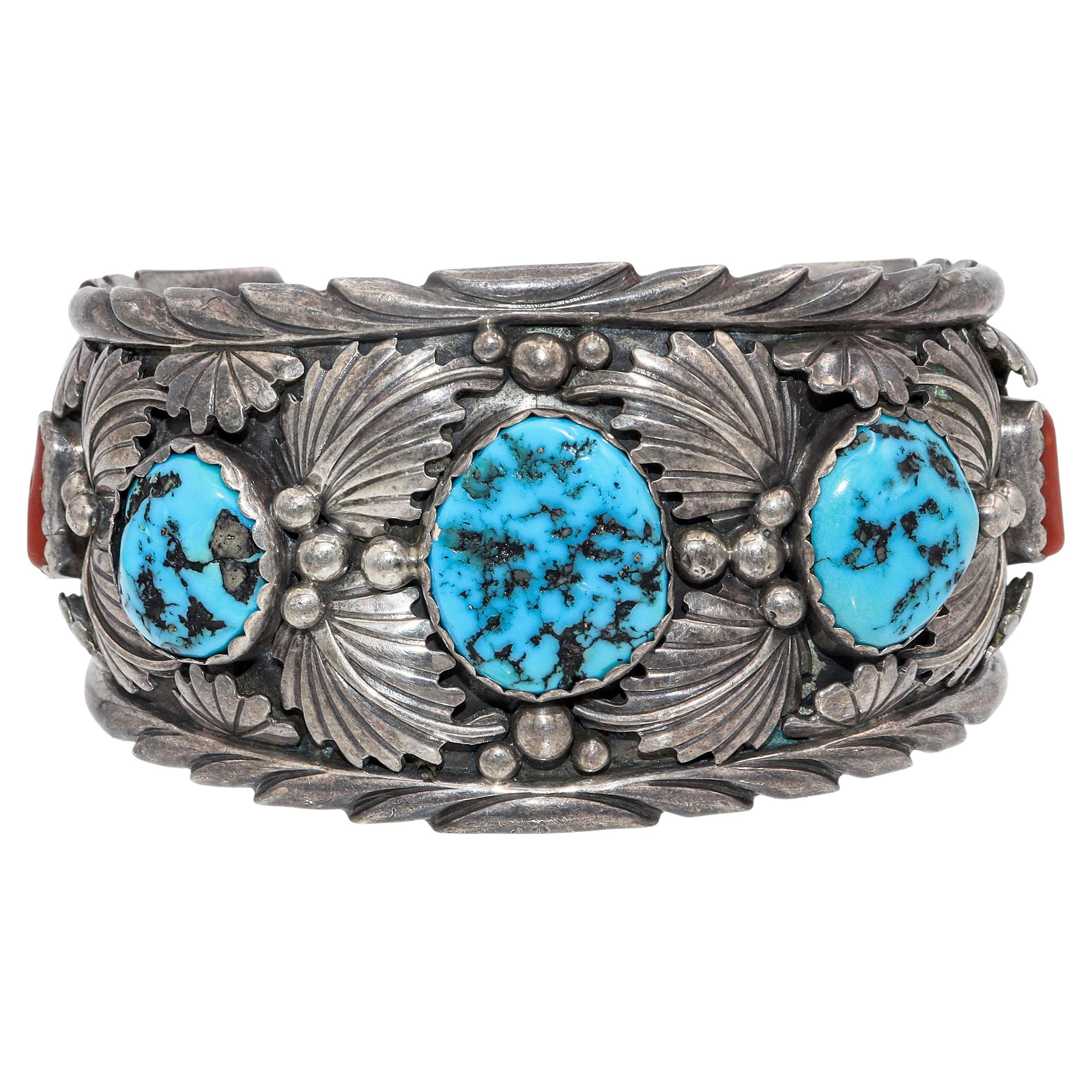 Bracelet manchette Vintage Navajo AT&T en Argent Sterling Turquoise & Corail Rouge