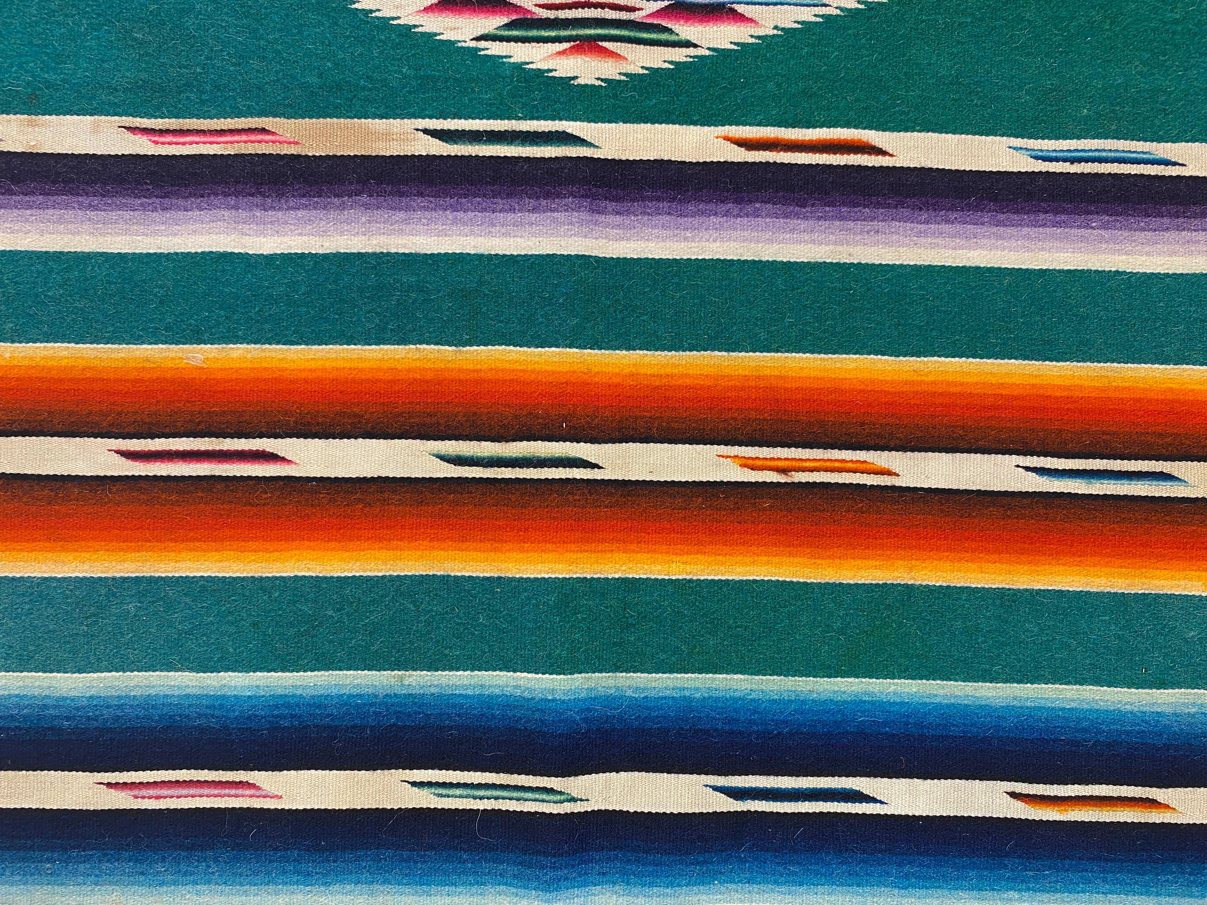 Native American Vintage Navajo Trading Post Rug or Blanket Green Blue Red Tan circa 1920 For Sale