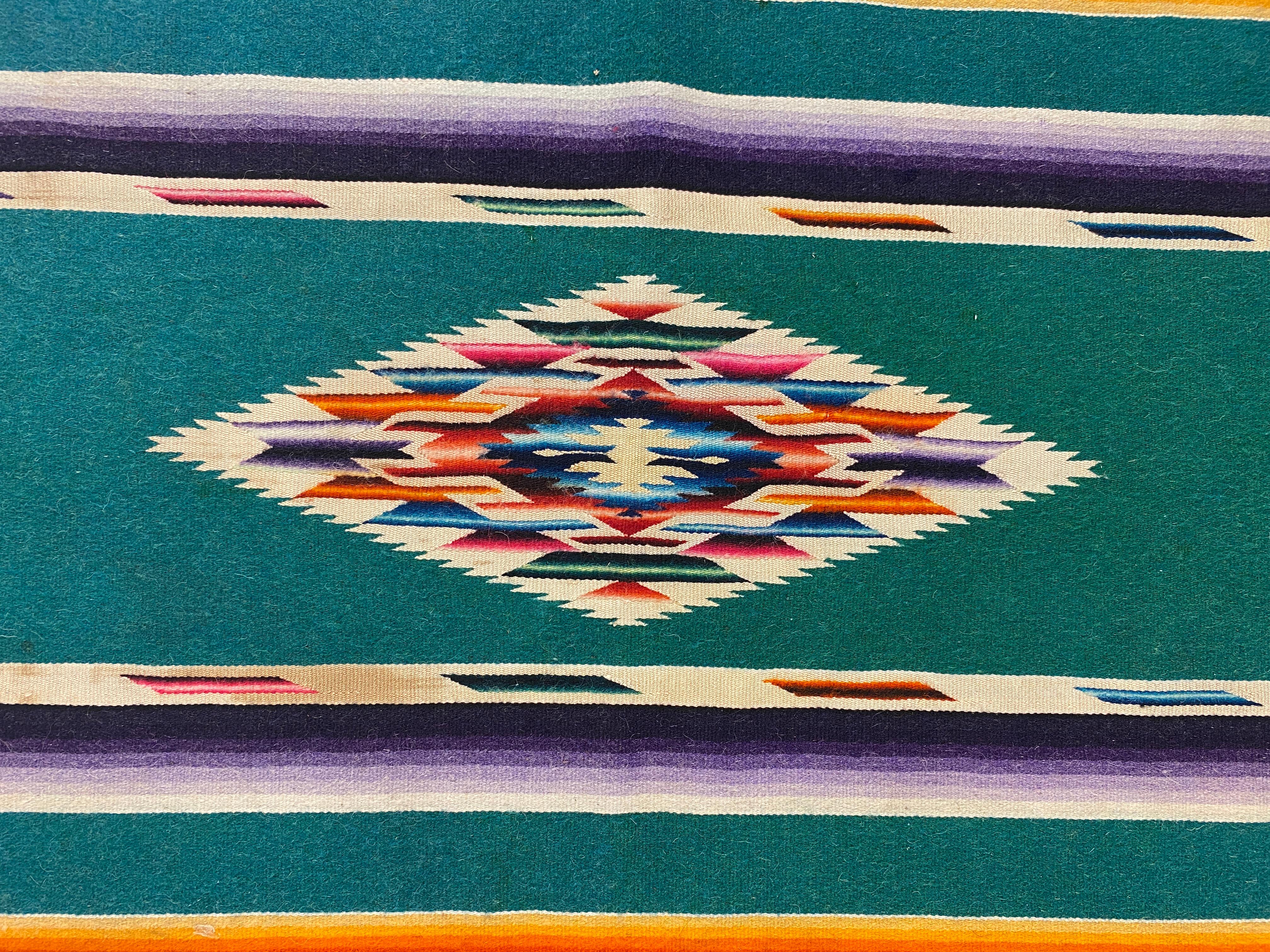 American Vintage Navajo Trading Post Rug or Blanket Green Blue Red Tan circa 1920 For Sale