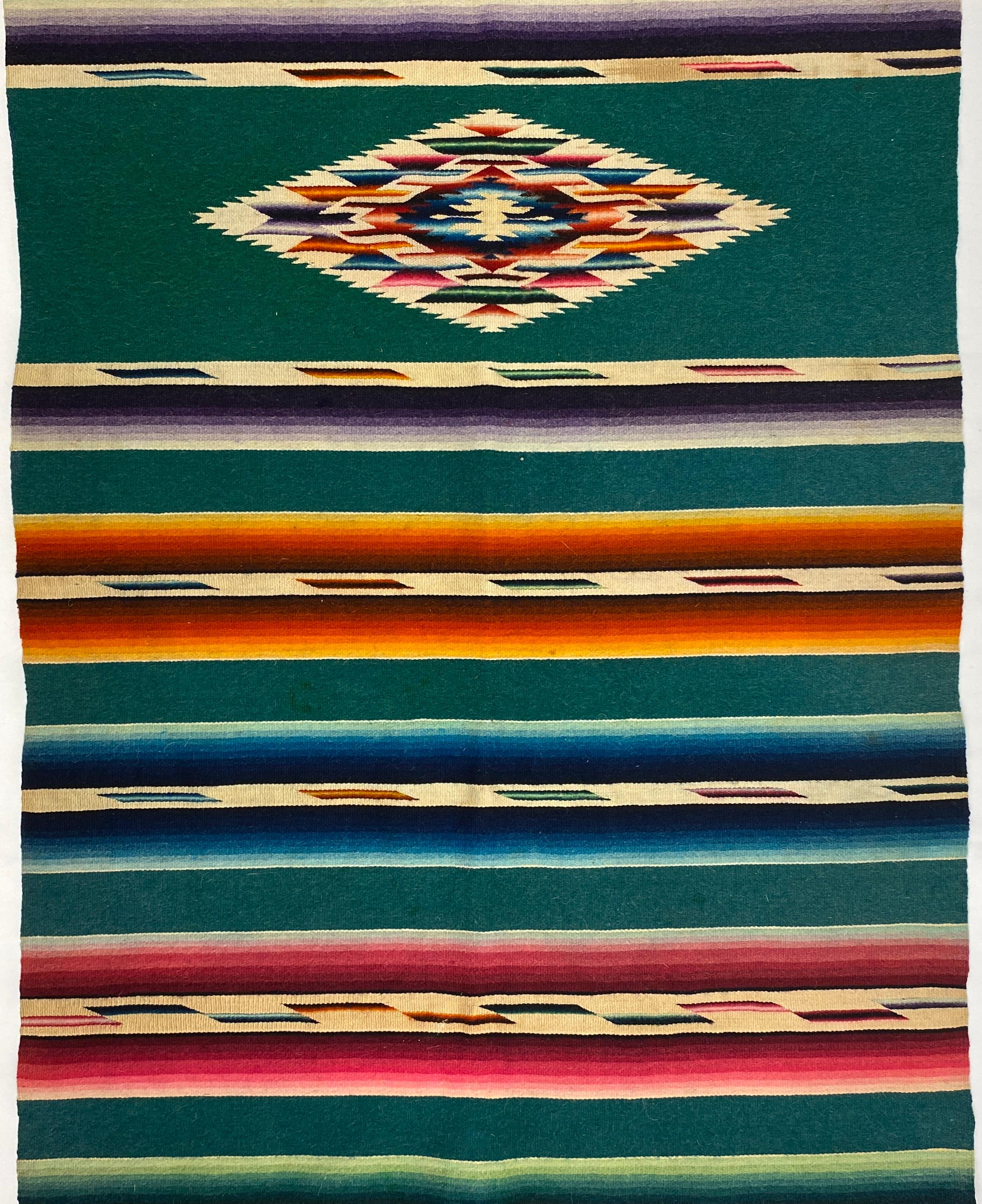 20th Century Vintage Navajo Trading Post Rug or Blanket Green Blue Red Tan circa 1920 For Sale