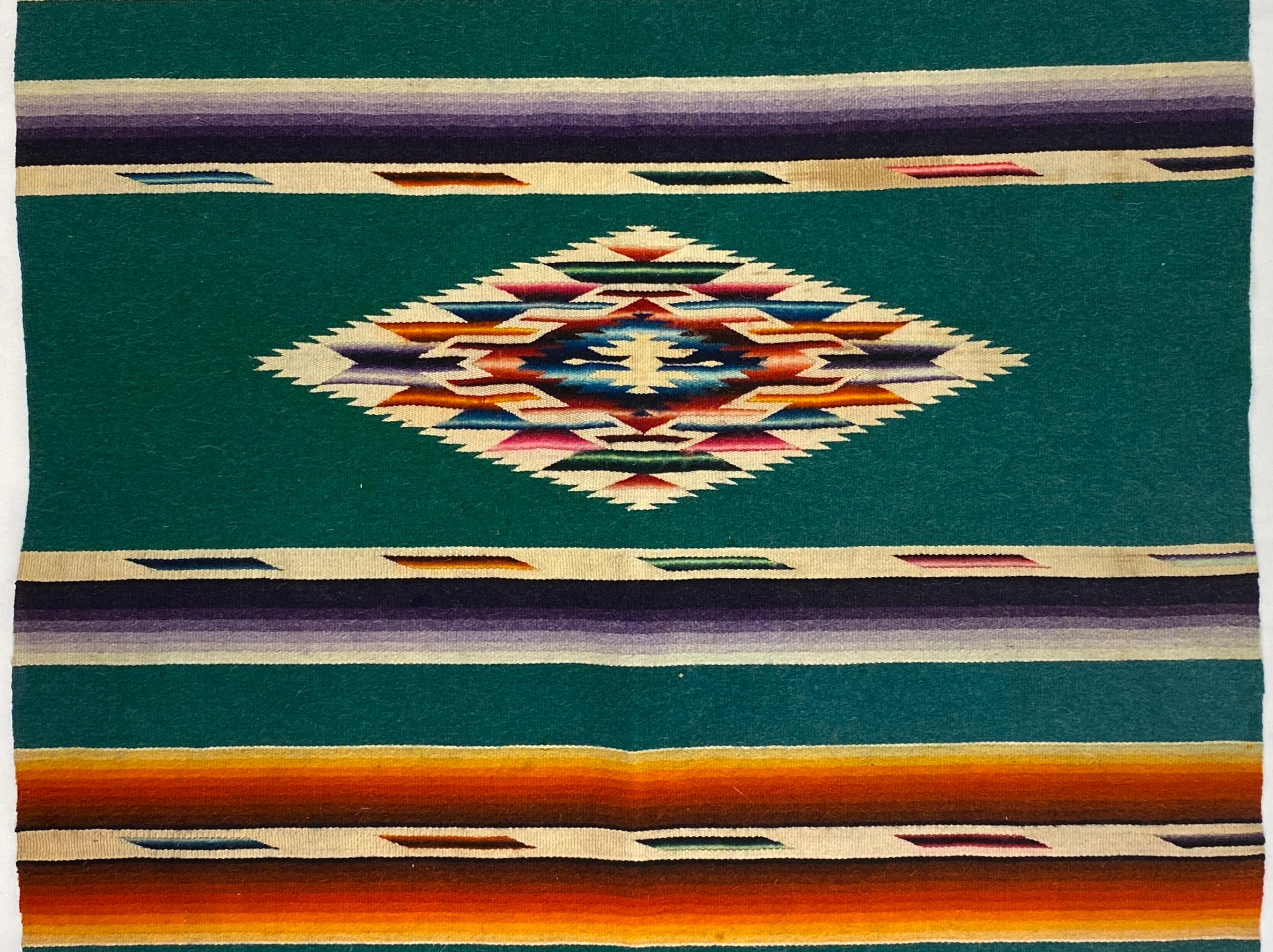 Wool Vintage Navajo Trading Post Rug or Blanket Green Blue Red Tan circa 1920 For Sale