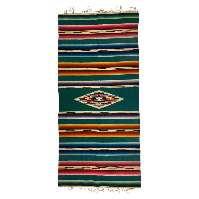 Vintage Navajo Trading Post Rug or Blanket Green Blue Red Tan circa