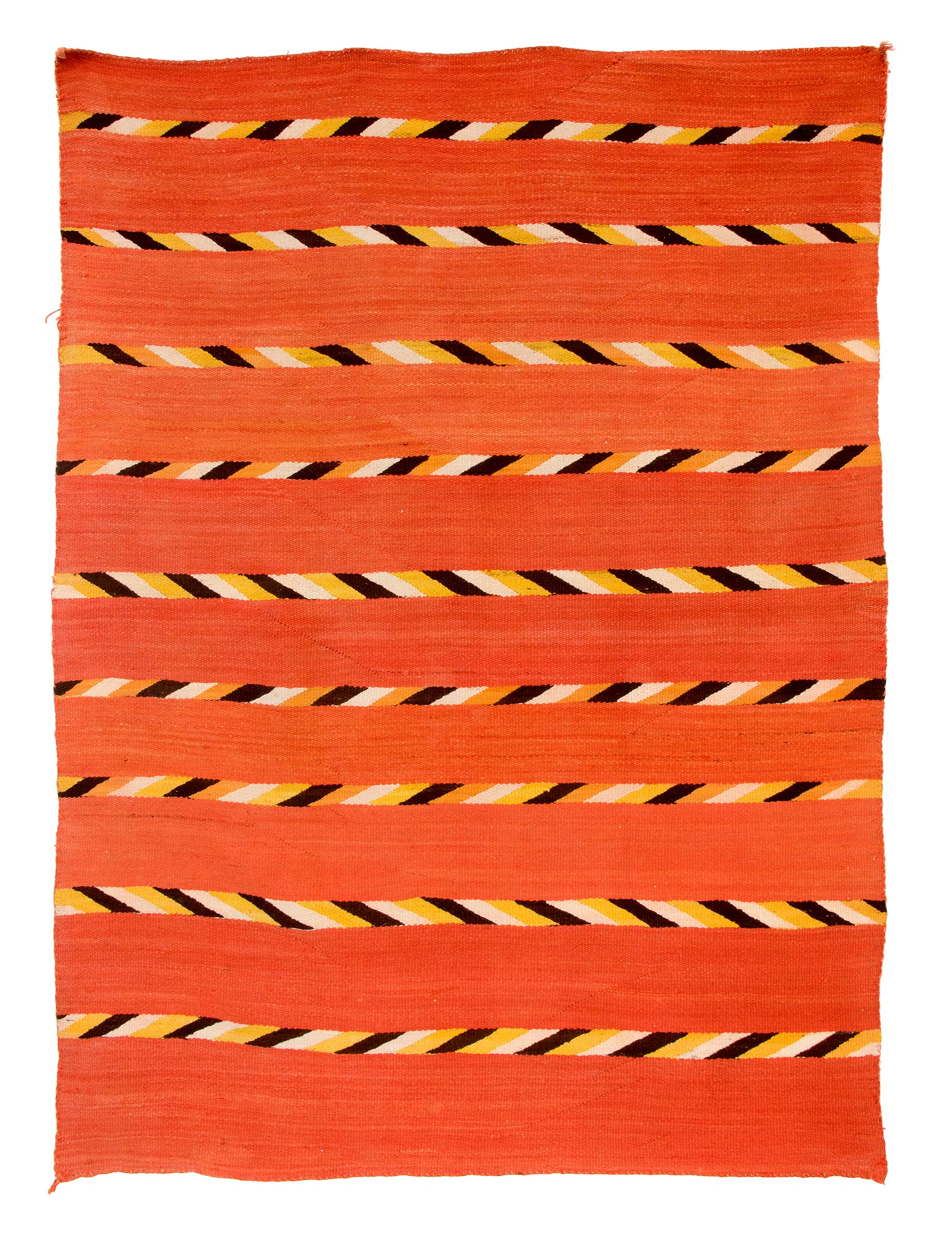Antique 19th century Navajo textile, transitional blanket, circa 1880, finely woven of native hand spun wool in natural fleece colors of ivory and brown/black with aniline dyed orange and yellow in a banded design. Southwestern Native American