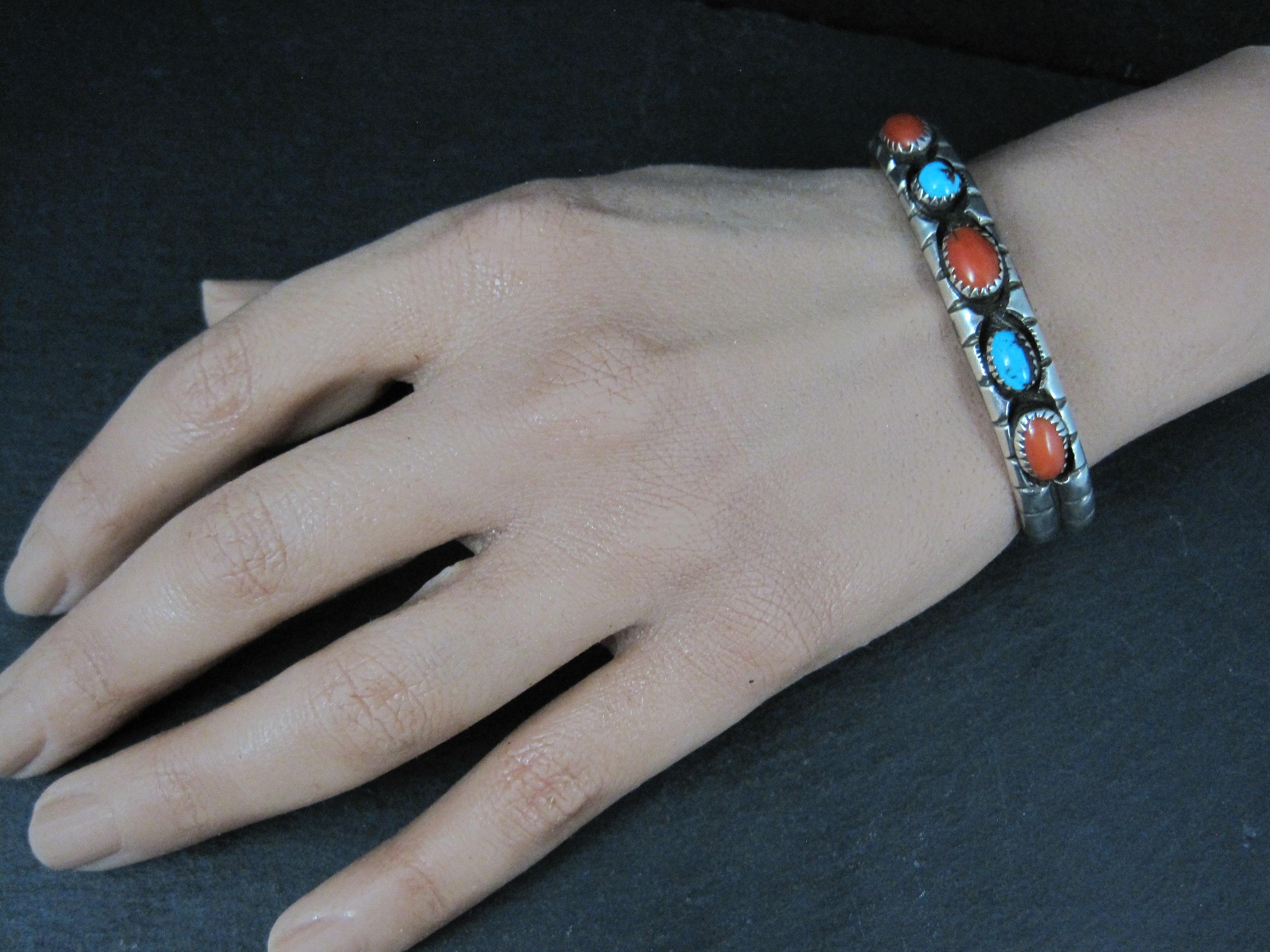 Vintage Navajo Turquoise and Coral Cuff Bracelet 6.25