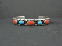 Vintage Navajo Turquoise and Coral Cuff Bracelet 6.25" Eunice Claw Sterling