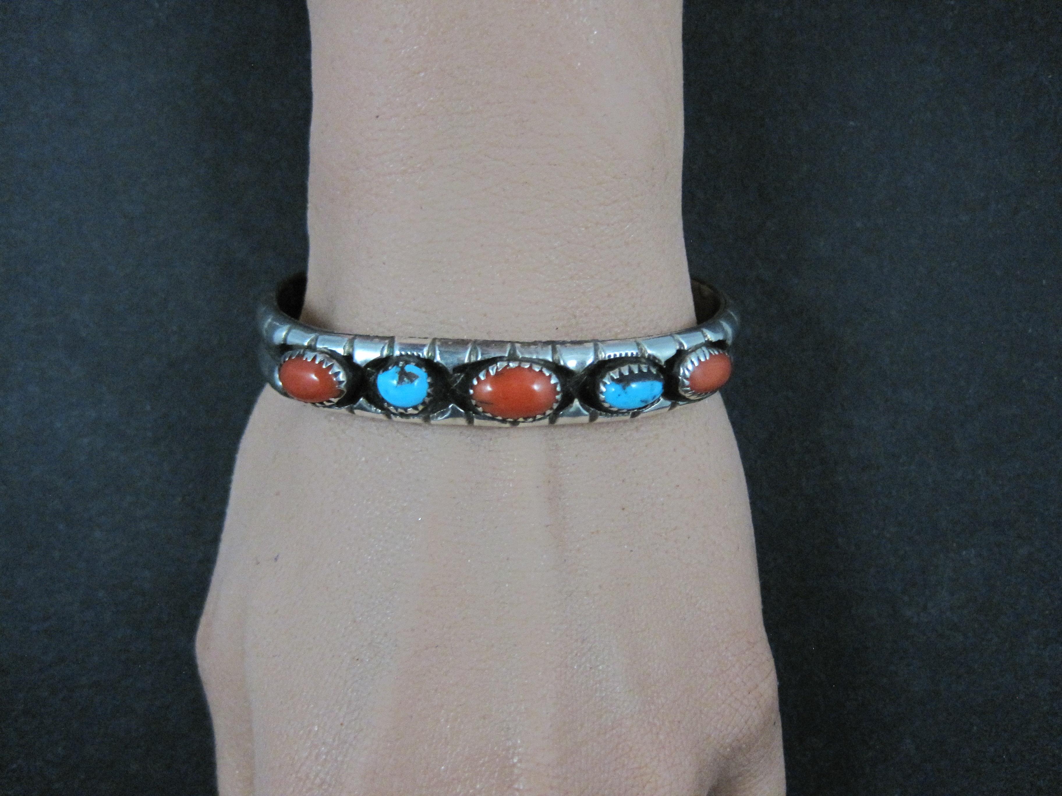 Vintage Navajo Turquoise and Coral Cuff Bracelet 6.25