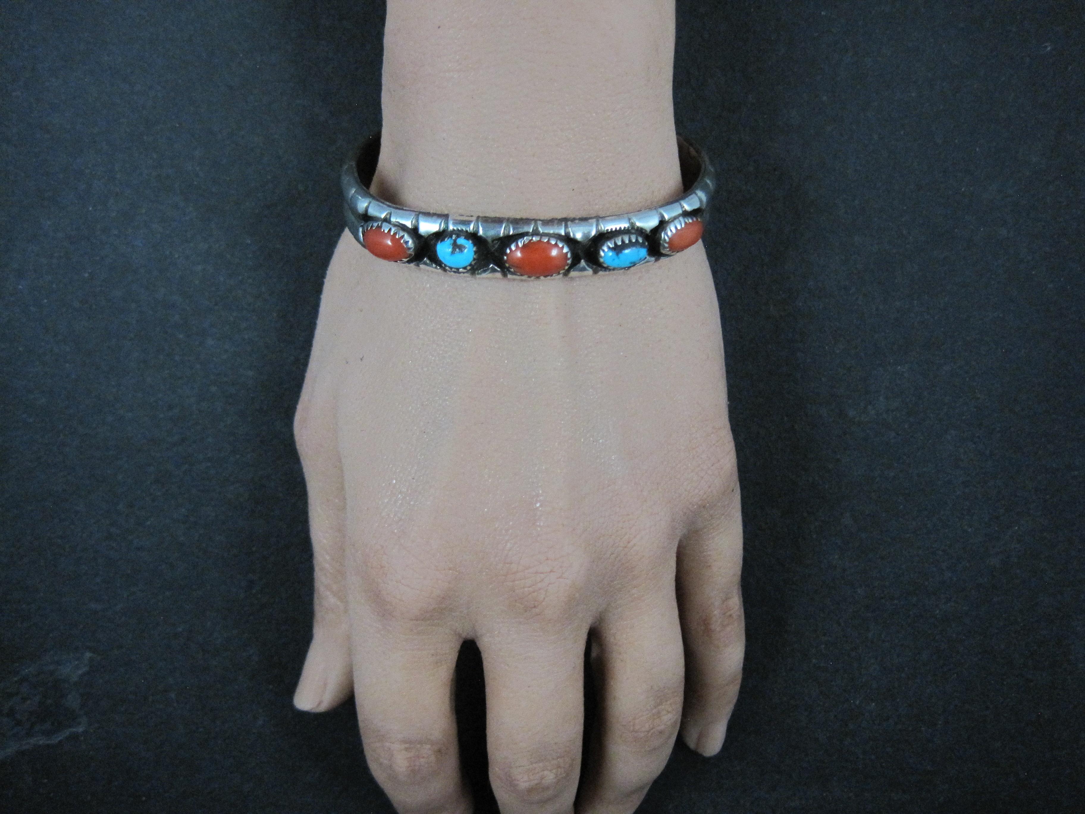 Vintage Navajo Turquoise and Coral Cuff Bracelet 6.25