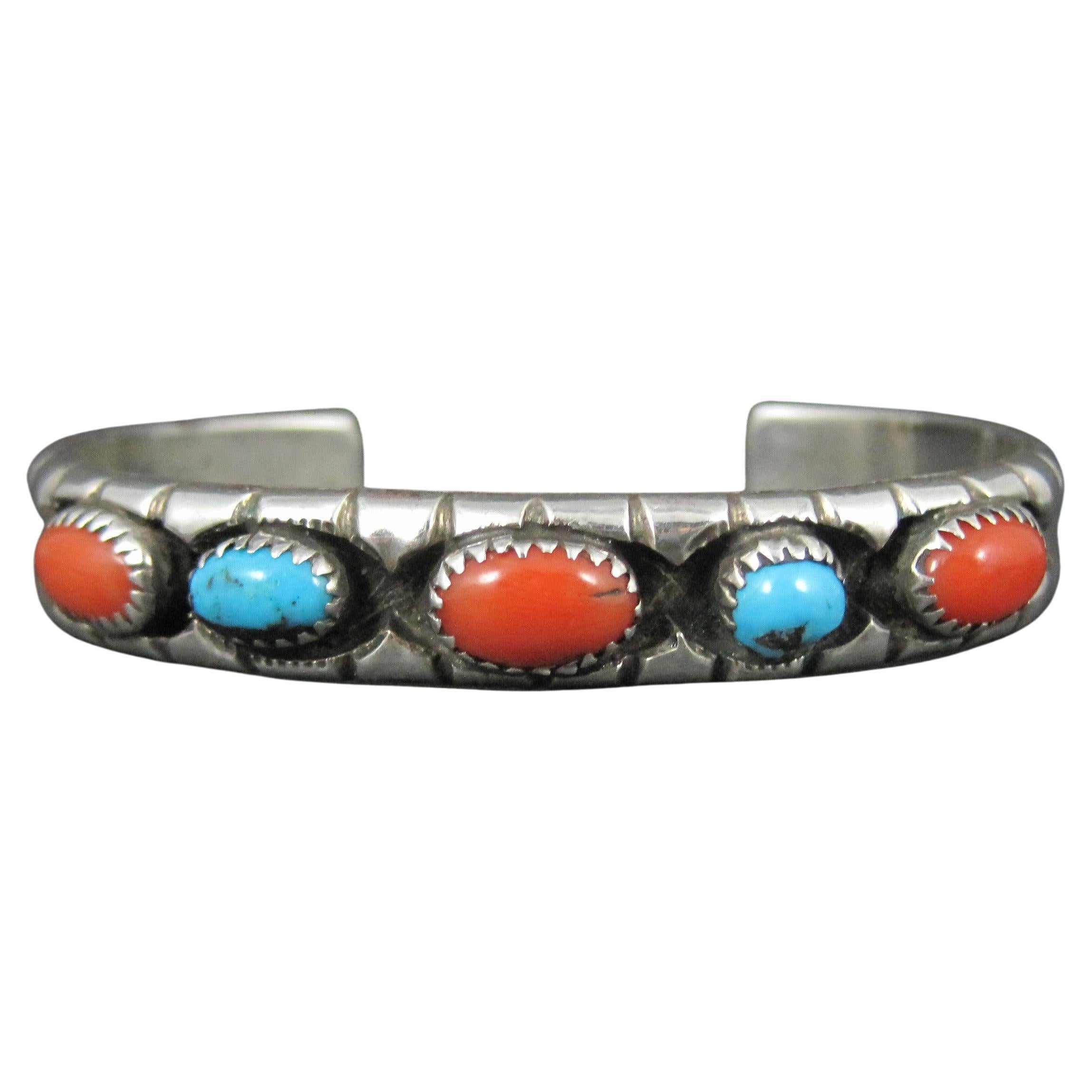 Vintage Navajo Turquoise and Coral Cuff Bracelet 6.25" Eunice Claw Sterling For Sale