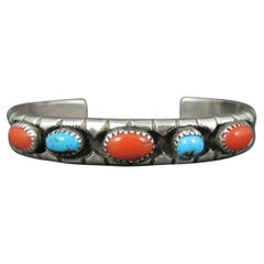 Bracelet manchette vintage Navajo turquoise et corail griffe Eunice 6,25"
