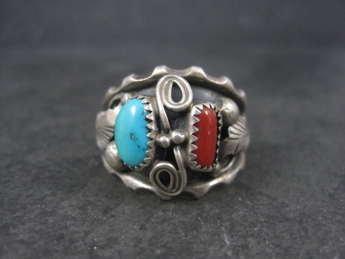 Vintage Navajo Turquoise and Coral Ring Size 13 For Sale 4
