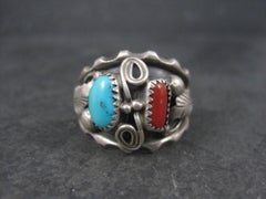 Vintage Navajo Turquoise and Coral Ring Size 13