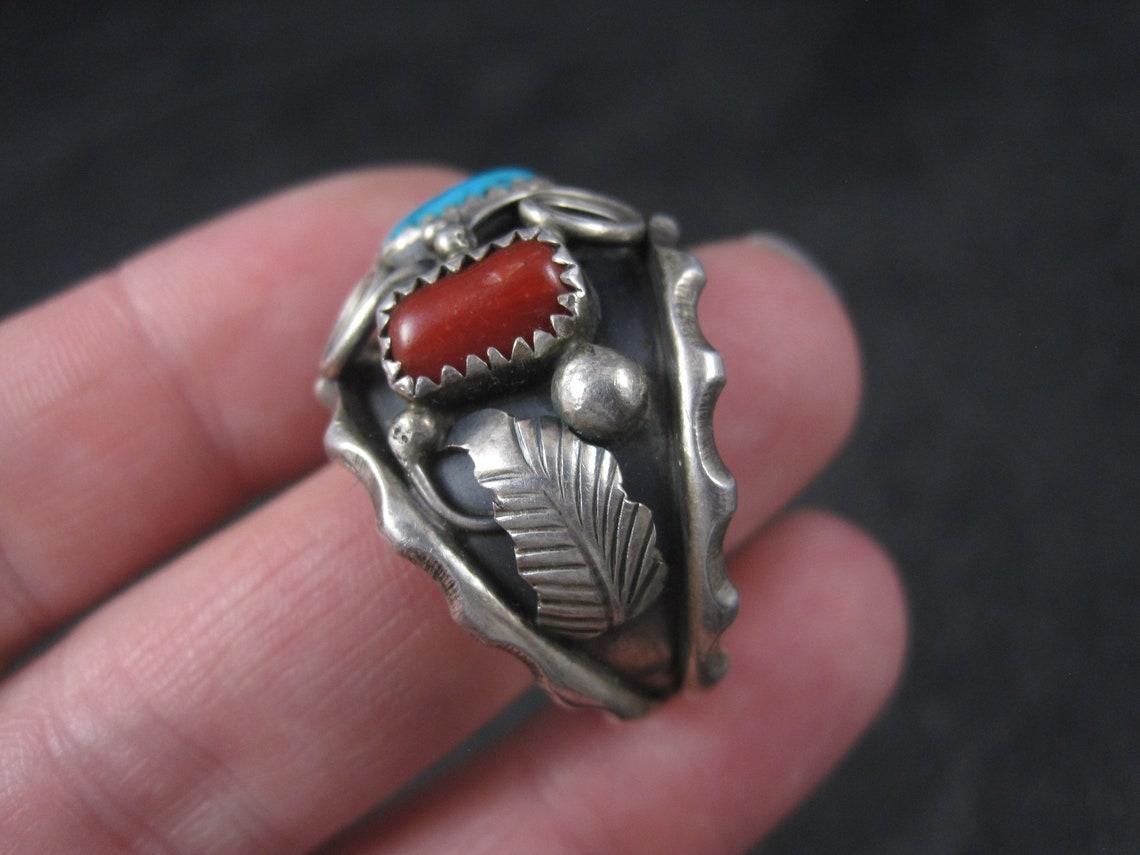 Vintage Navajo Turquoise and Coral Ring Size 13 For Sale 2