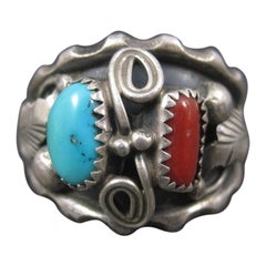 Bague Navajo vintage turquoise et corail taille 13