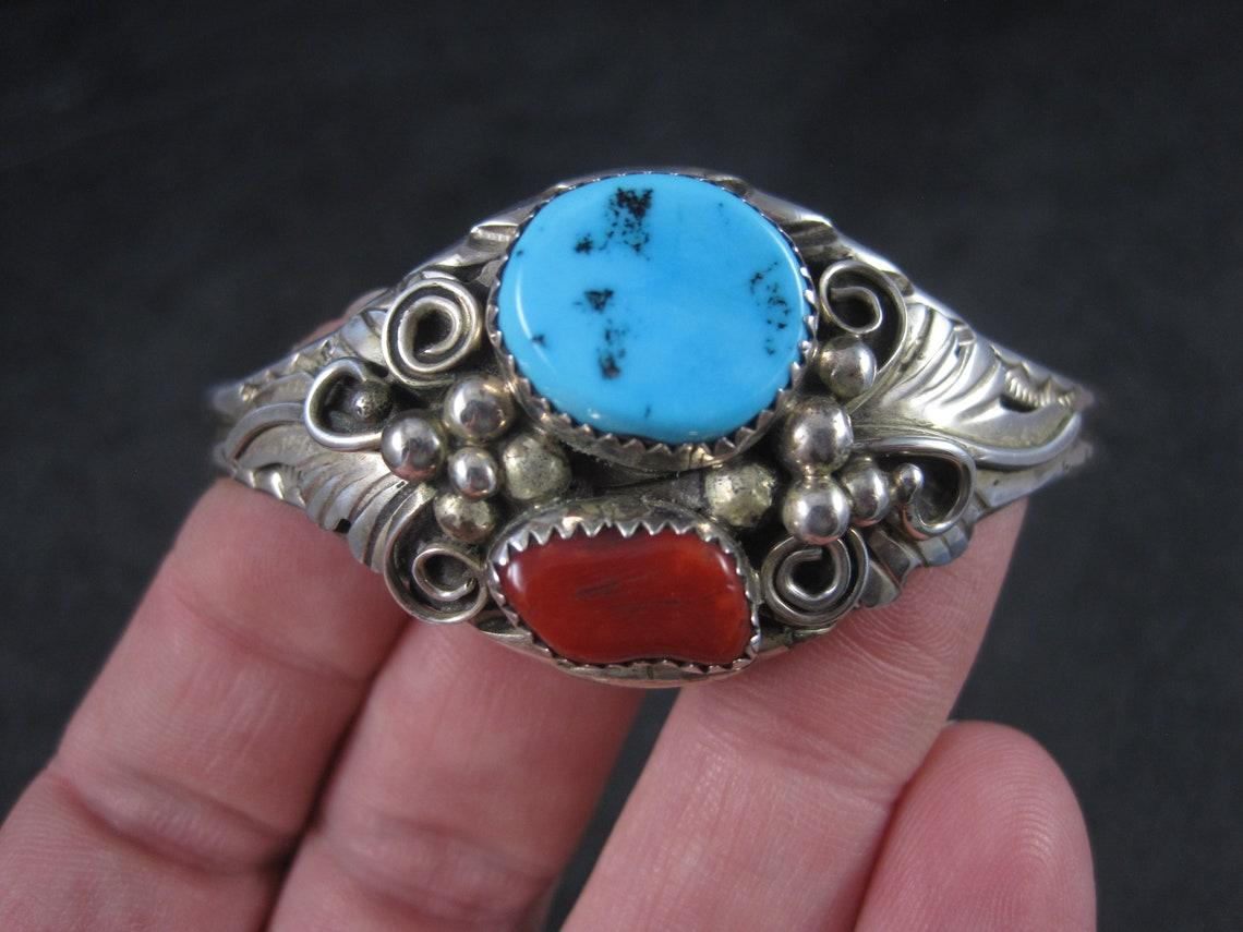Vintage Navajo Turquoise Coral Cuff Bracelet Augustine Largo In Excellent Condition For Sale In Webster, SD