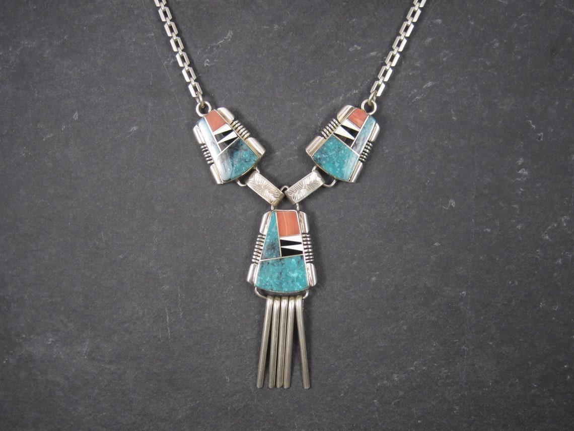 Native American Vintage Navajo Turquoise Inlay Necklace John Charley For Sale