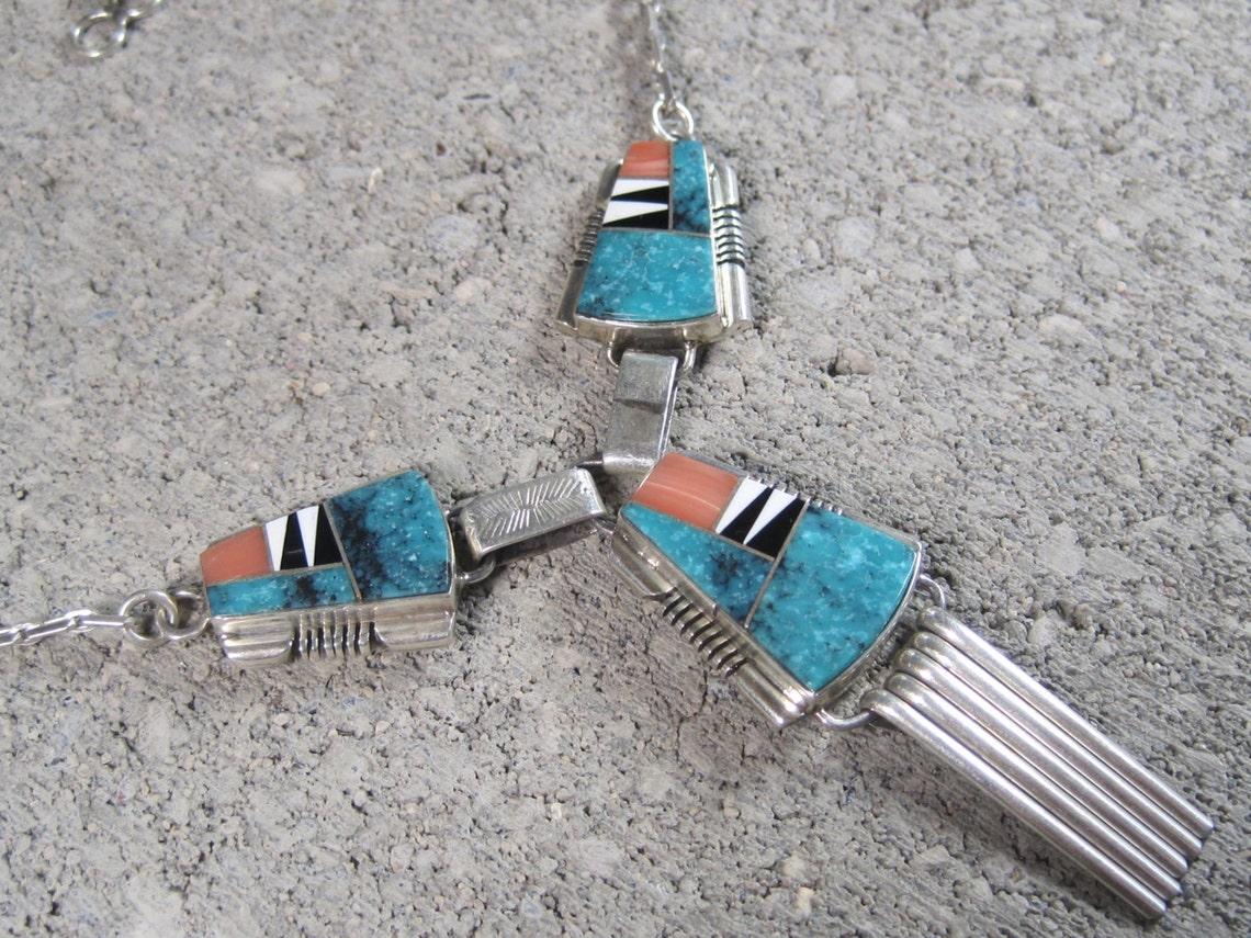 Mixed Cut Vintage Navajo Turquoise Inlay Necklace John Charley For Sale