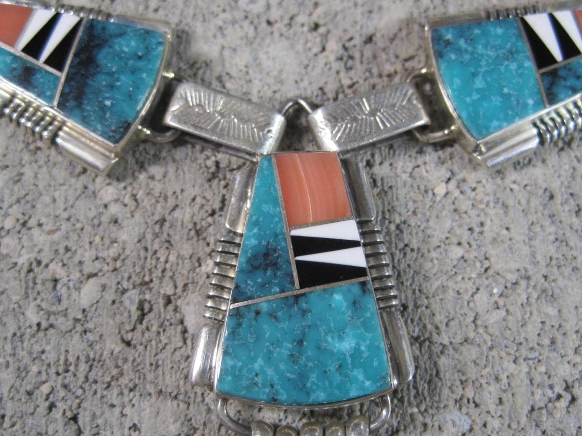 Women's or Men's Vintage Navajo Turquoise Inlay Necklace John Charley For Sale