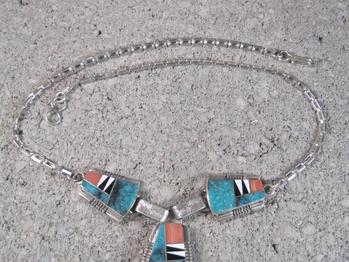 Vintage Navajo Turquoise Inlay Necklace John Charley For Sale 2