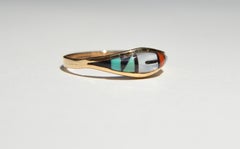 Vintage Navajo Turquoise Red Coral Inlay 14 Karat Gold Band Ring