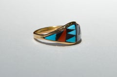 Vintage Navajo Turquoise Red Coral Inlay 14 Karat Gold Band Ring