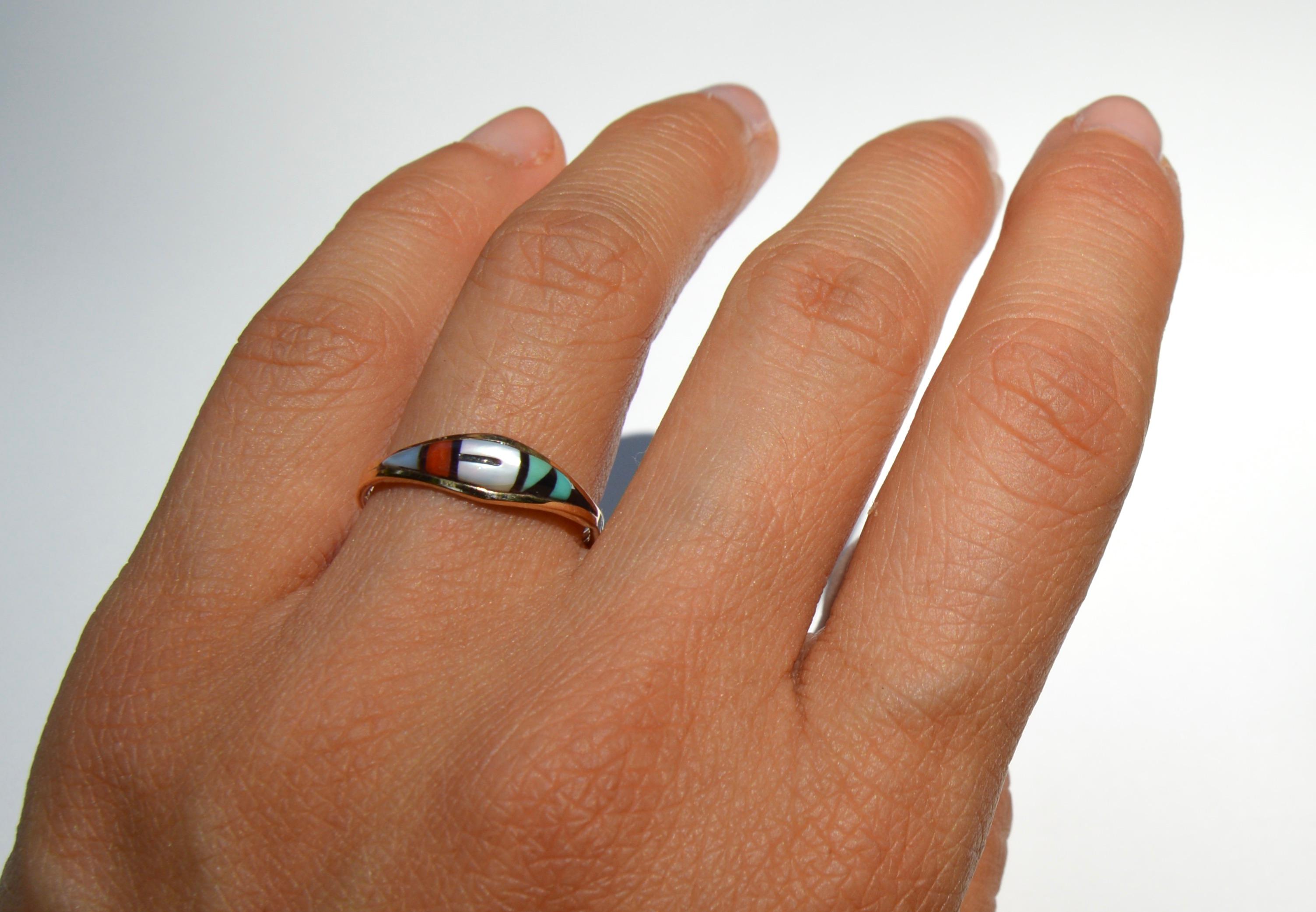 Women's or Men's Vintage Navajo Turquoise Red Coral Inlay 14 Karat Gold Band Ring