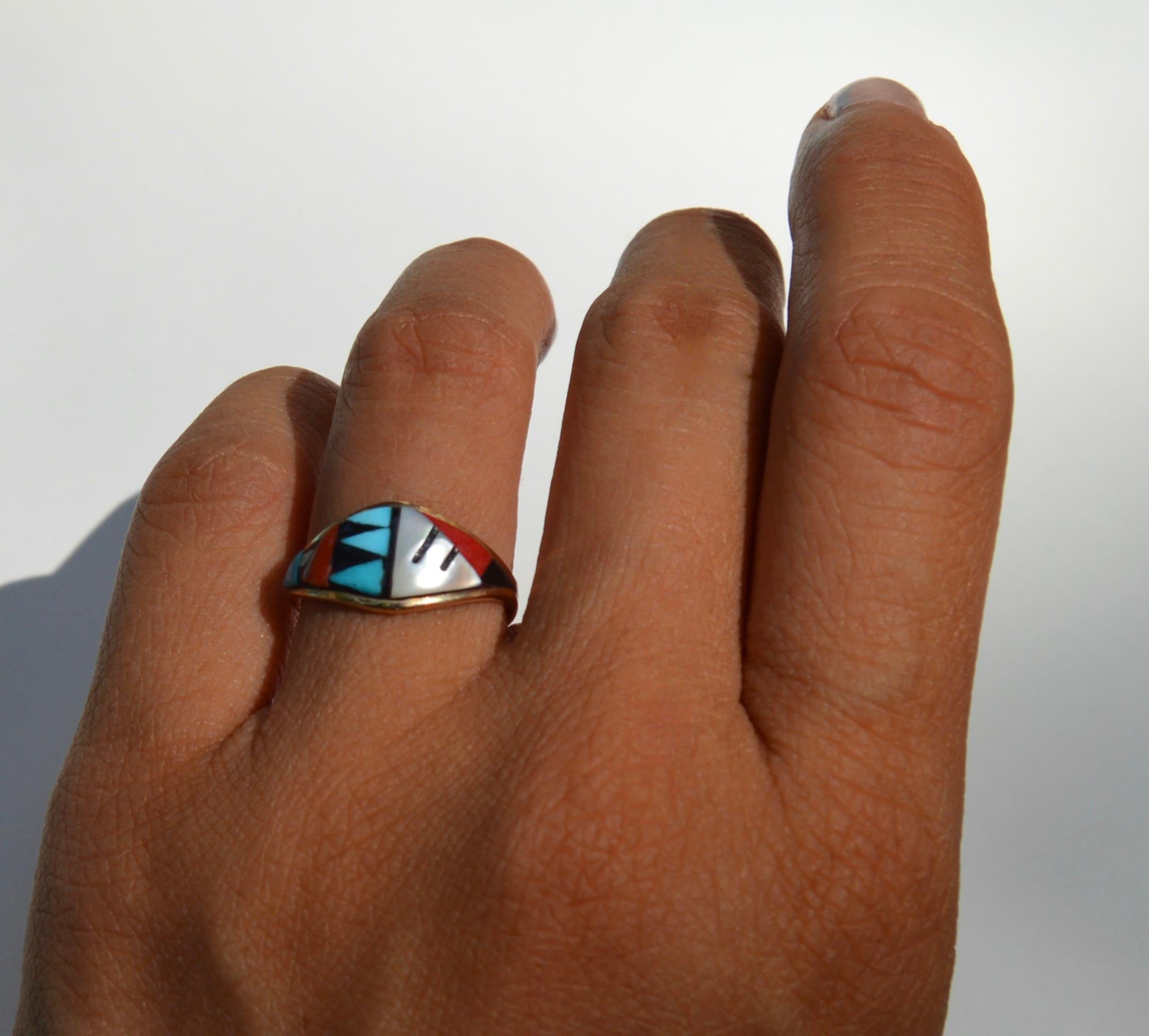 Tumbled Vintage Navajo Turquoise Red Coral Inlay 14 Karat Gold Band Ring For Sale