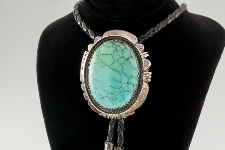 Vintage Navajo Turquoise and Sterling Silver Bolo Tie in Black Leather ...
