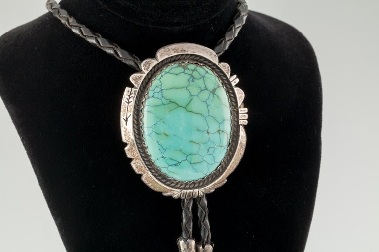Vintage Navajo Turquoise and Sterling Silver Bolo Tie in Black Leather ...