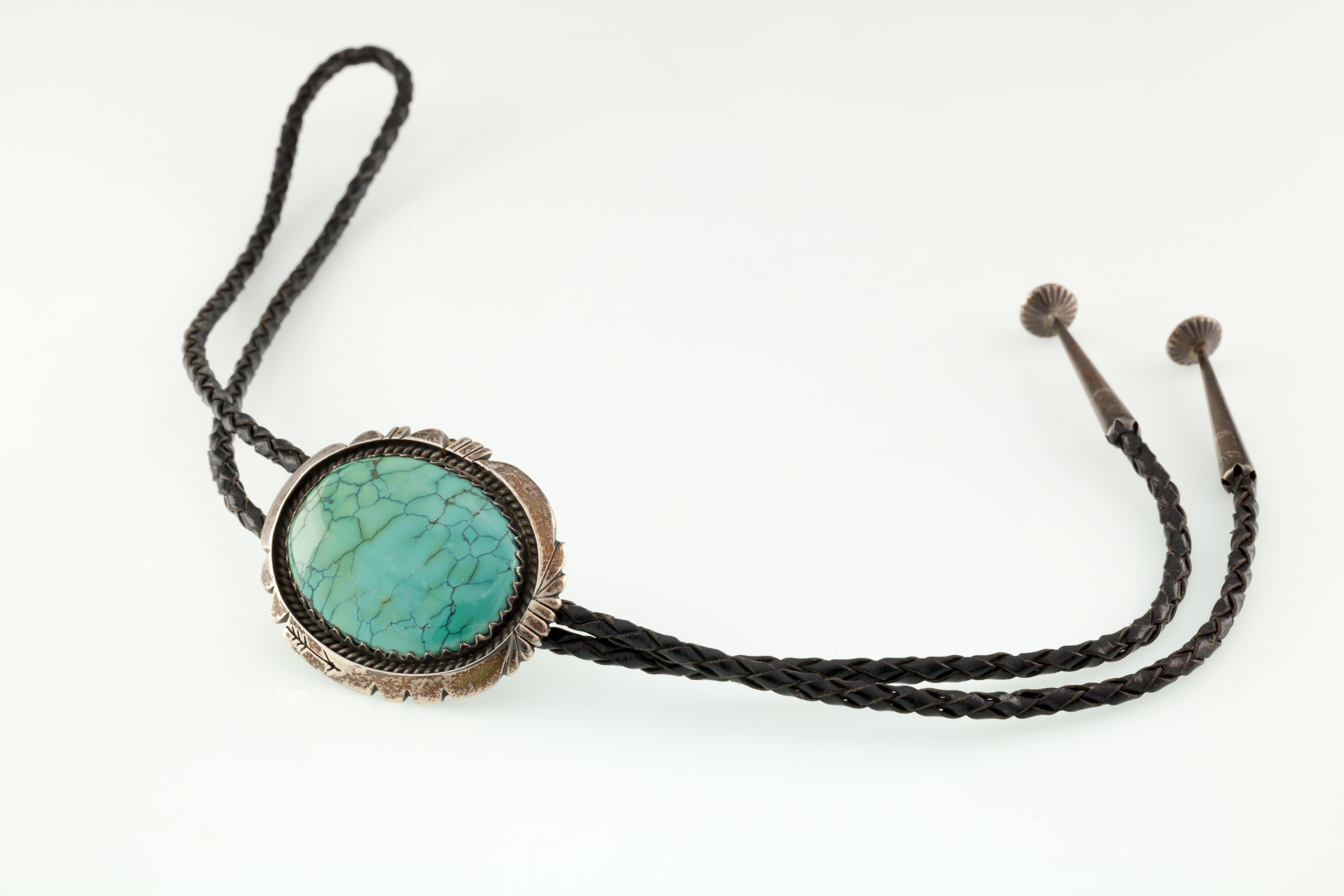 Native American Vintage Navajo Turquoise & Sterling Silver Bolo Tie in Black Leather by Montoya