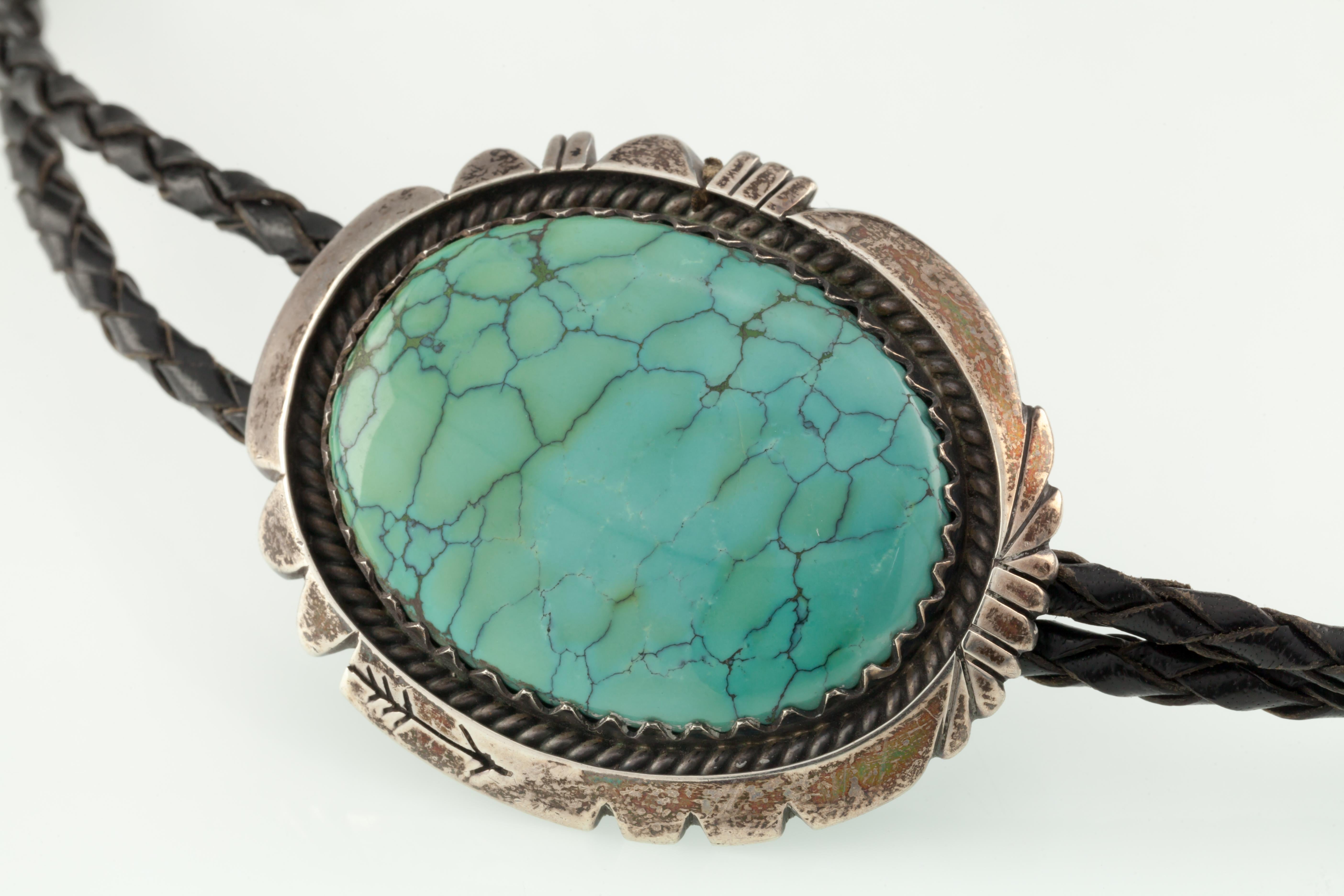 Cabochon Vintage Navajo Turquoise & Sterling Silver Bolo Tie in Black Leather by Montoya