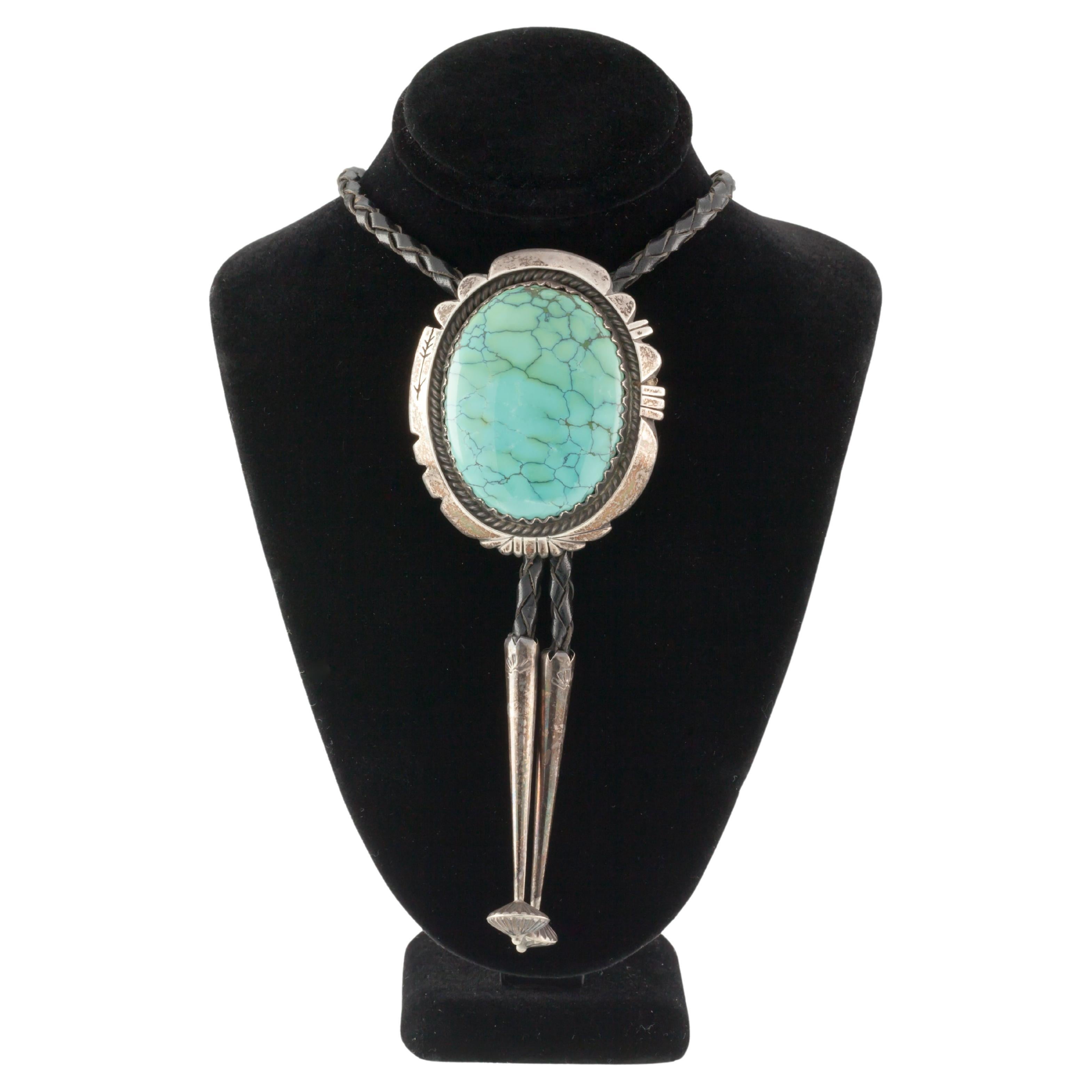 Vintage Navajo Turquoise & Sterling Silver Bolo Tie in Black Leather by Montoya