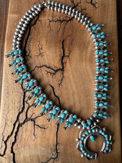 Vintage Navajo Turquoise Sterling Silver Squash Blossom Pendant Necklace