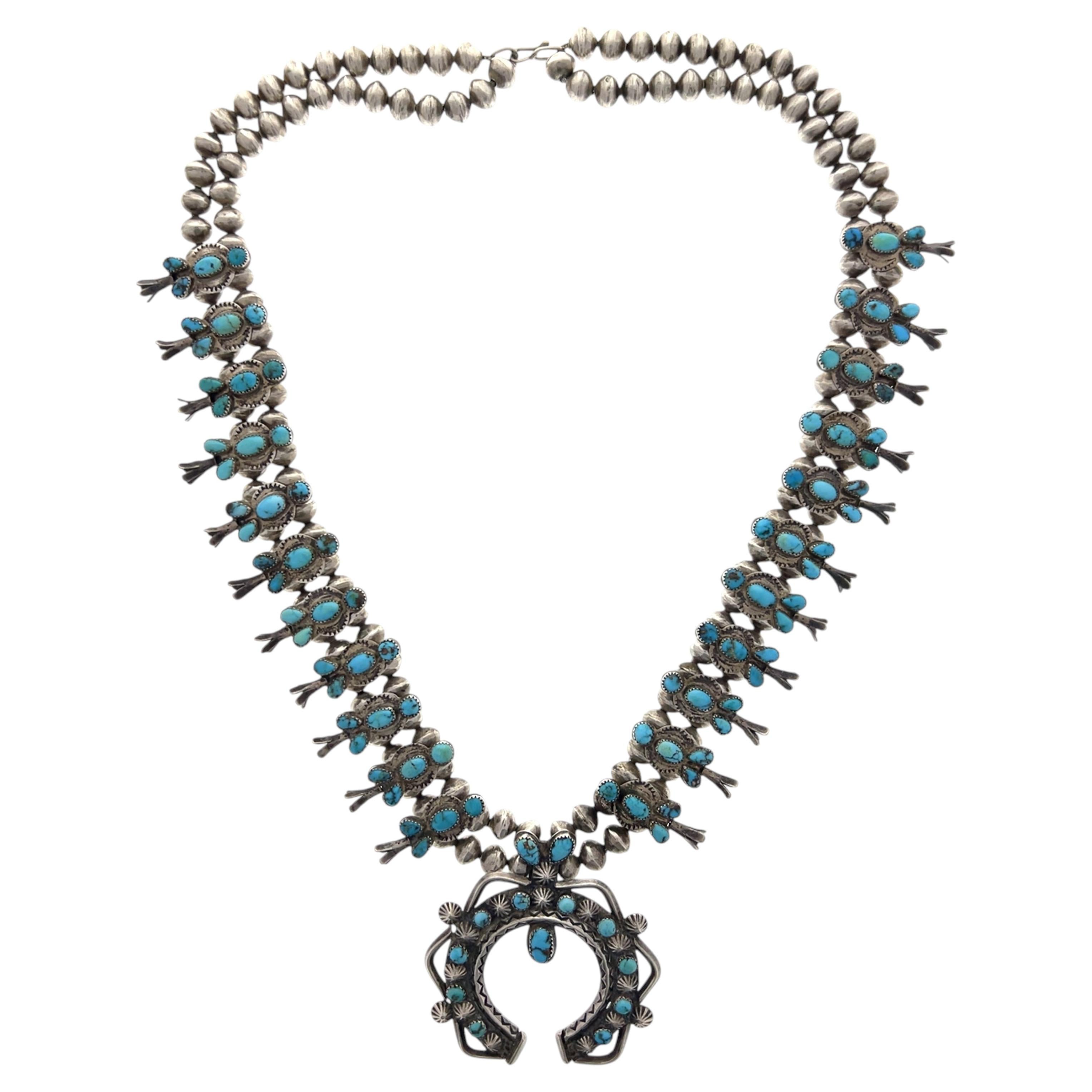 Vintage Navajo Turquoise Sterling Silver Squash Blossom Pendant Necklace