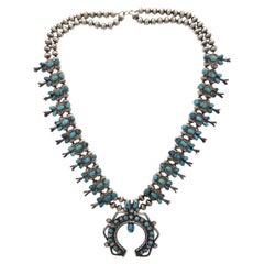 Vintage Navajo Turquoise Sterling Silver Squash Blossom Pendant Necklace