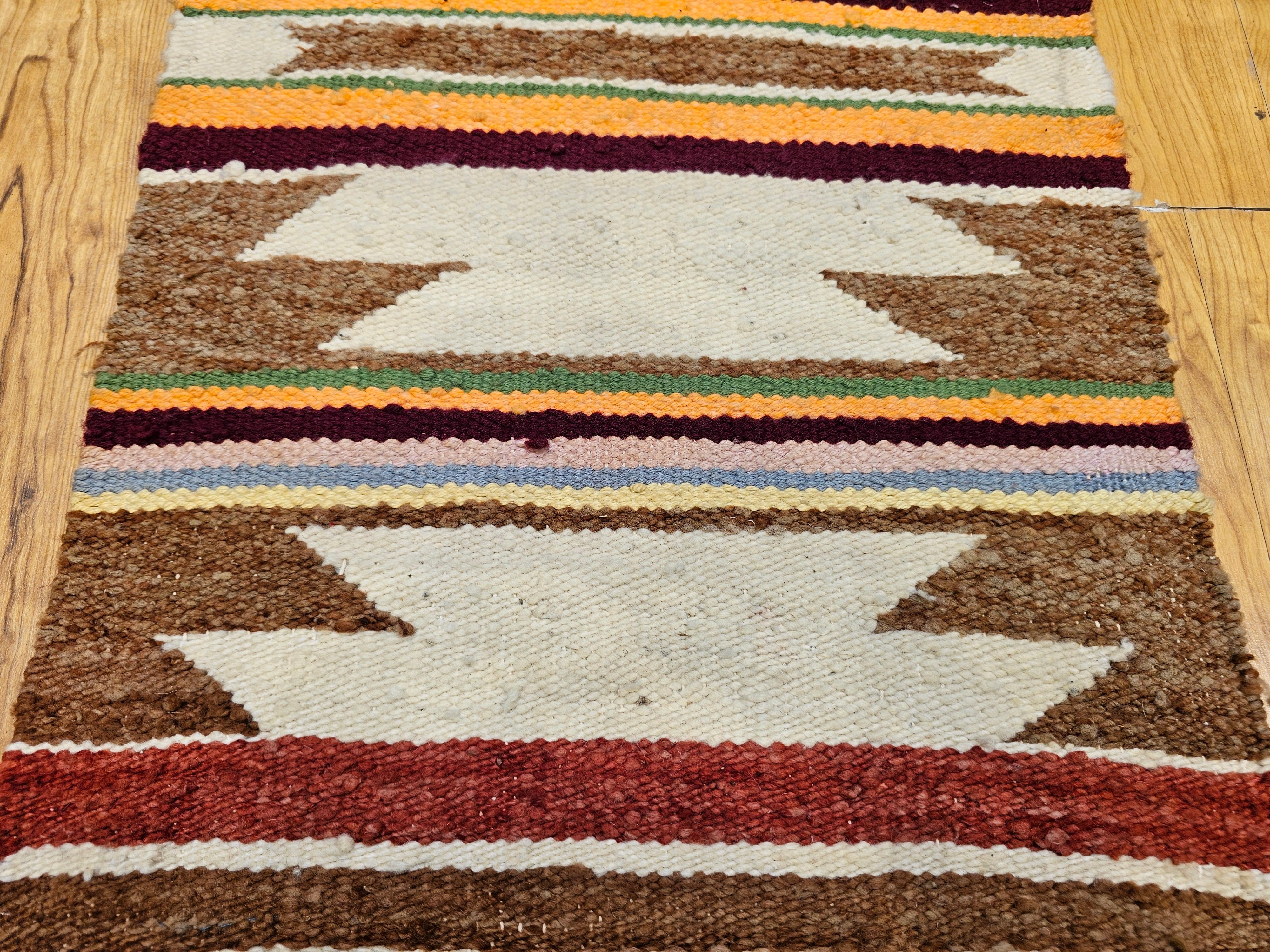 American Vintage Navajo Wool Rug with Wide Band Pattern in Ivory, Rust, Purple & Yellow For Sale