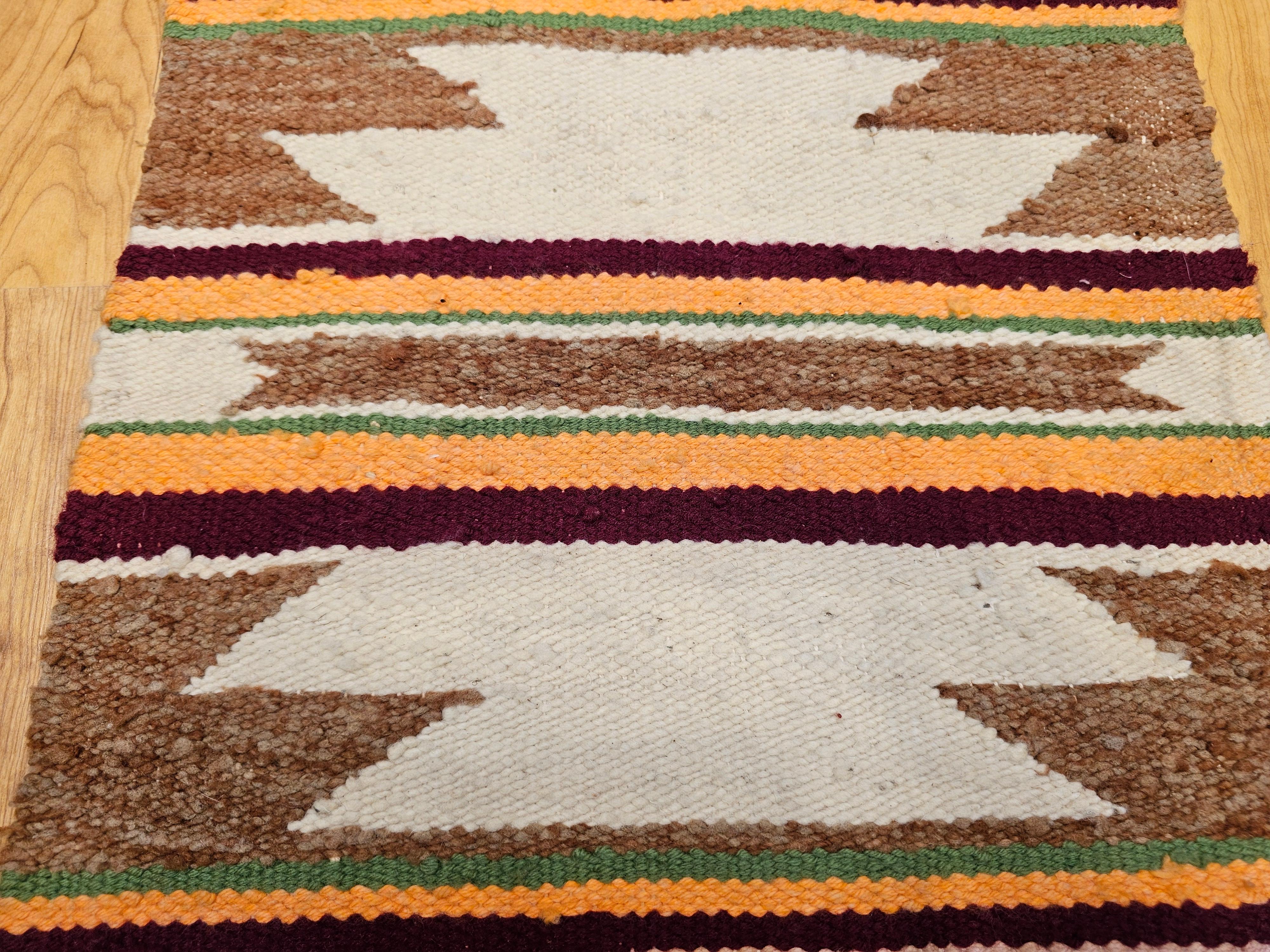 Hand-Woven Vintage Navajo Wool Rug with Wide Band Pattern in Ivory, Rust, Purple & Yellow For Sale