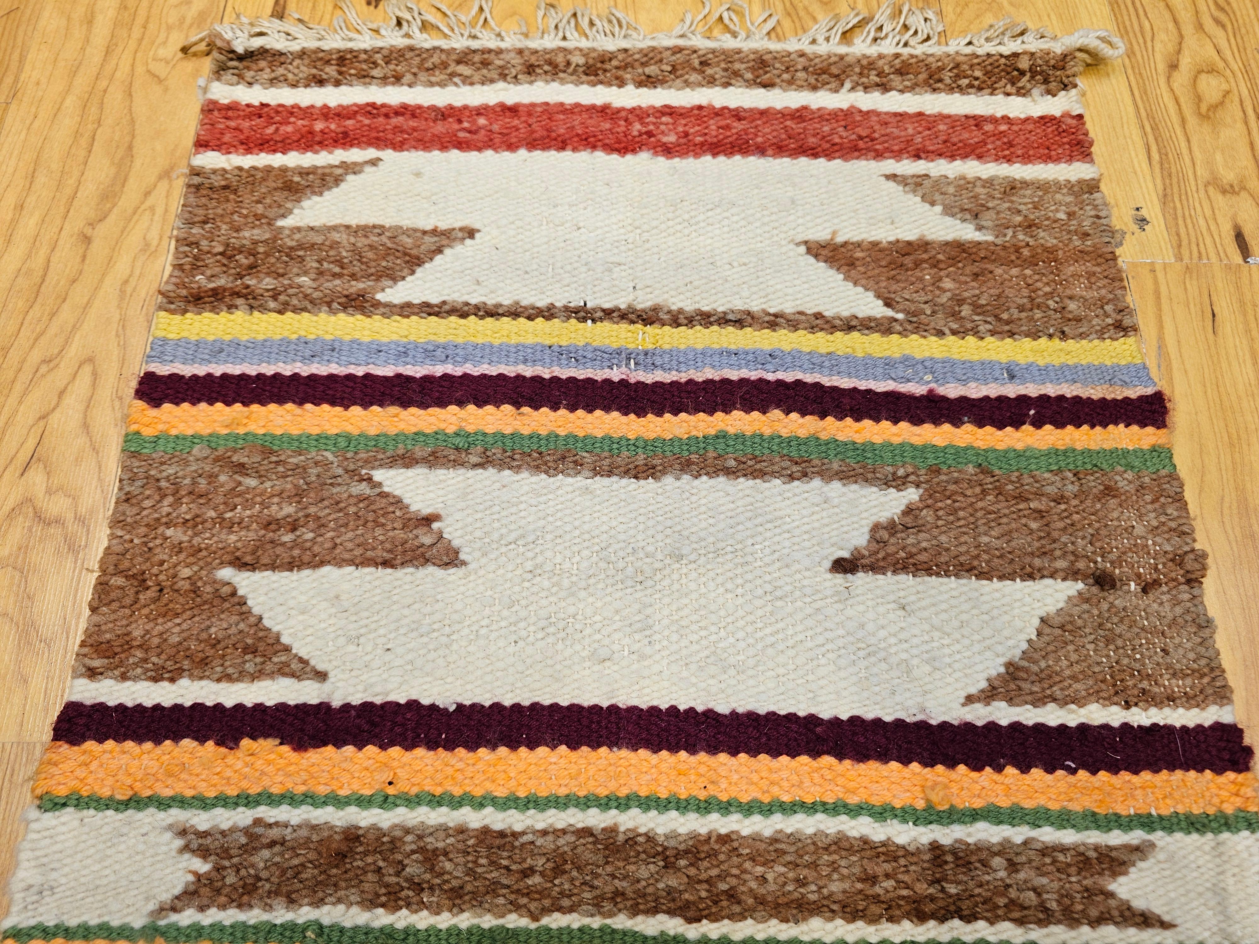 Vintage Navajo Wool Rug with Wide Band Pattern in Ivory, Rust, Purple & Yellow In Good Condition For Sale In Barrington, IL