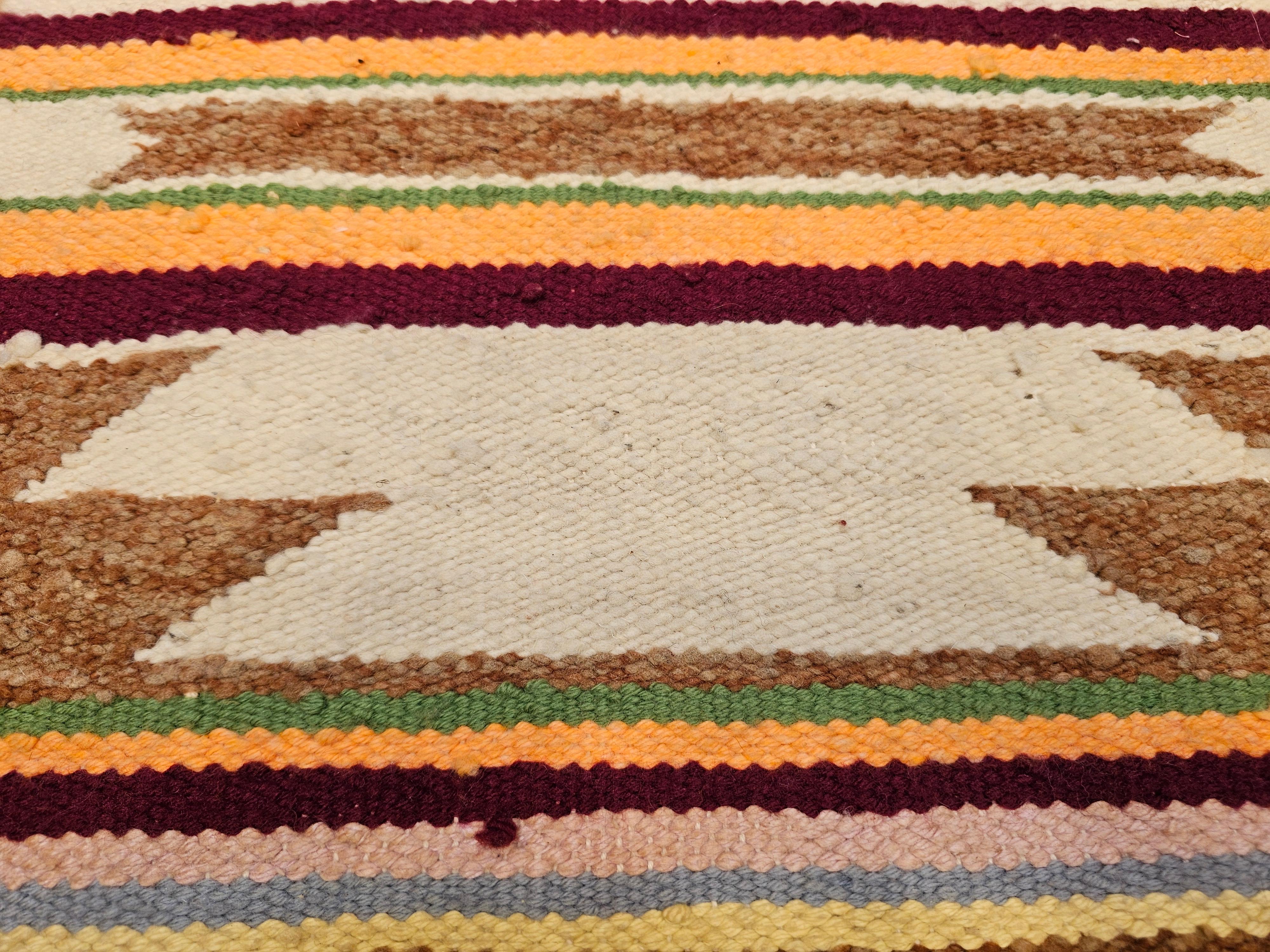 Vintage Navajo Wool Rug with Wide Band Pattern in Ivory, Rust, Purple & Yellow For Sale 1