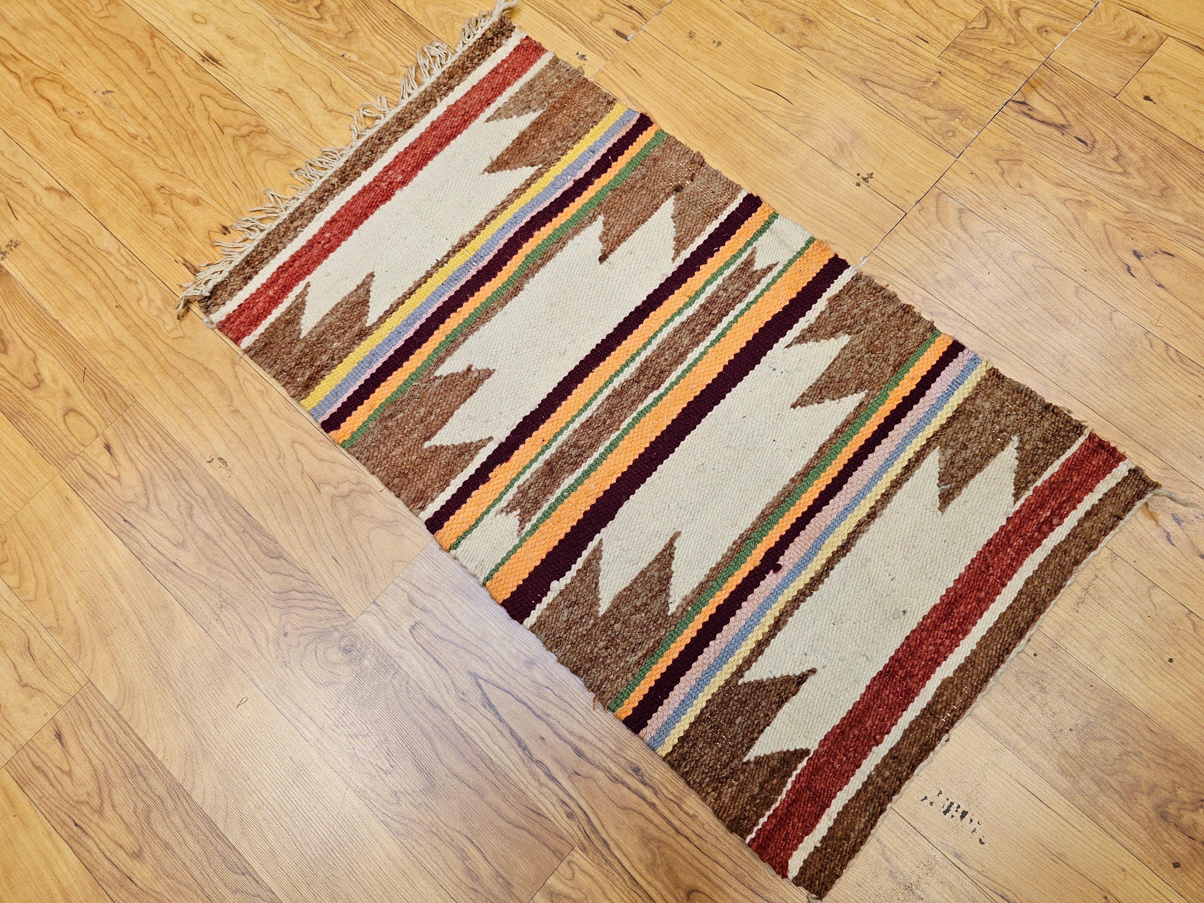 Vintage Navajo Wool Rug with Wide Band Pattern in Ivory, Rust, Purple & Yellow For Sale 2