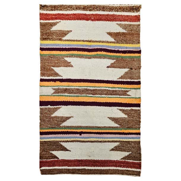 Vintage Navajo Wool Rug with Wide Band Pattern in Ivory, Rust, Purple ...