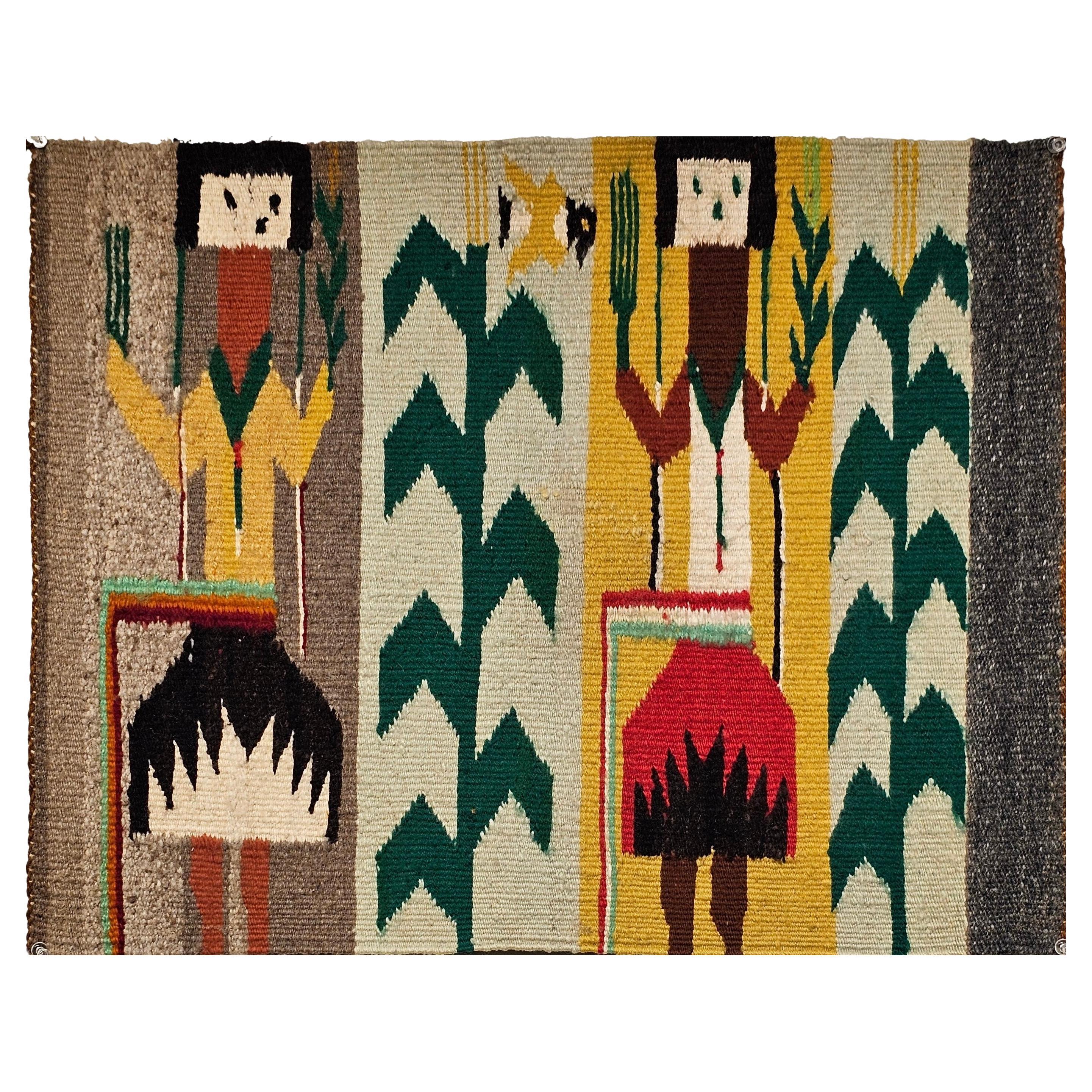 Alfombra pictórica vintage Navajo Yei en marfil, rojo, amarillo, verde y marrón en venta